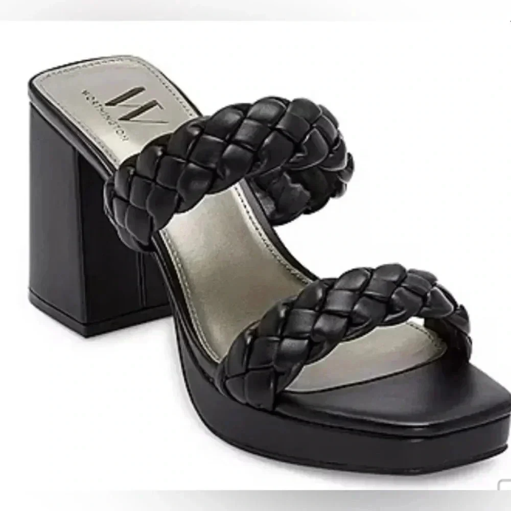 Worthington Braided Strap Mules Sandals Black Chunky Heel Women’s Sz 6.5 NWT